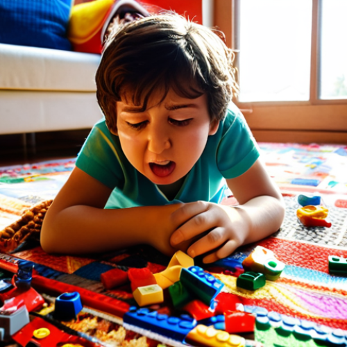 Lost LEGO Piece Panic!**

Prompt: A child looking distraught surrounded by a sea of LEGO bricks scattered on a colorful Turkish rug.  Focus on the child's expression of frustration and searching. Sunlight streams in through a window, highlighting dust motes and the general mess. A Turkish tea glass sits nearby, untouched. The background should have hints of a cozy Turkish home. Emphasize bright colors to convey the playful nature of LEGO, contrasted with the child's upset emotion.

**