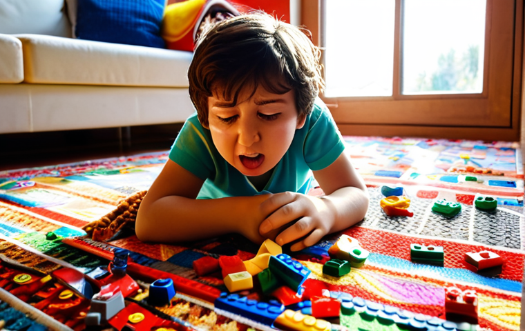 Lost LEGO Piece Panic!**
Prompt: A child looking distraught surrounded by a sea of LEGO bricks scattered on a colorful Turkish rug. Focus on the child's expression of frustration and searching. Sunlight streams in through a window, highlighting dust motes and the general mess. A Turkish tea glass sits nearby, untouched. The background should have hints of a cozy Turkish home. Emphasize bright colors to convey the playful nature of LEGO, contrasted with the child's upset emotion.
**
