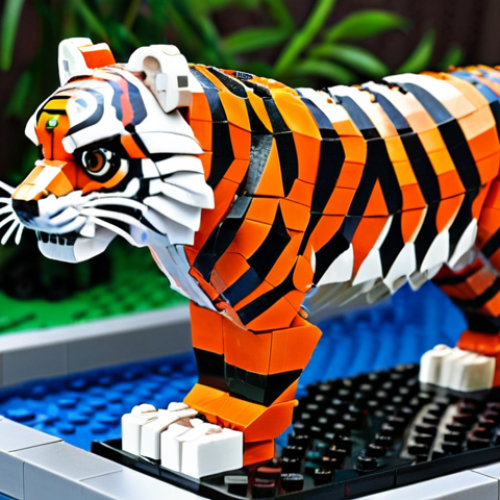 **

*   Prompt: A vibrant and detailed LEGO model of a majestic tiger, showcasing its stripes and powerful build, with alternative builds of a red panda and a koi fish in the background.

**